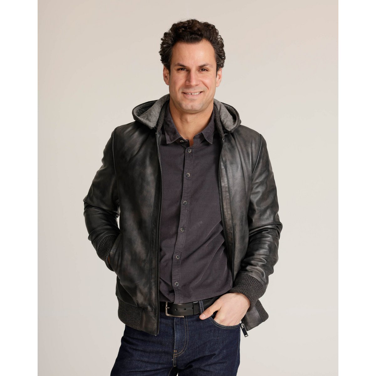 Leder-Motorradjacke mit Hoodie York | Leather Moto Jacket with Hoodie
